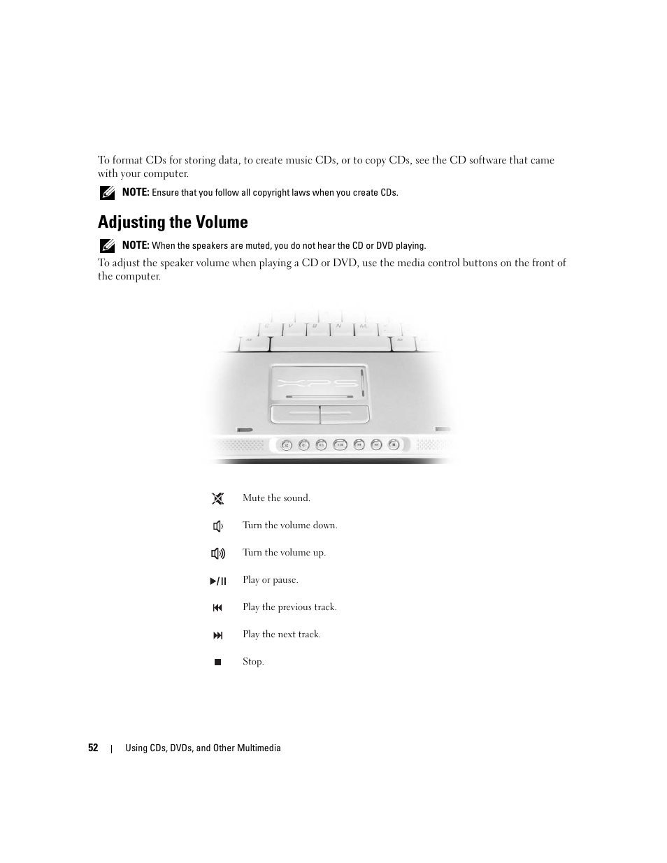 Adjusting the volume | Dell XPS M1710 (MXG061, Early 2006) User Manual | Page 52 / 190