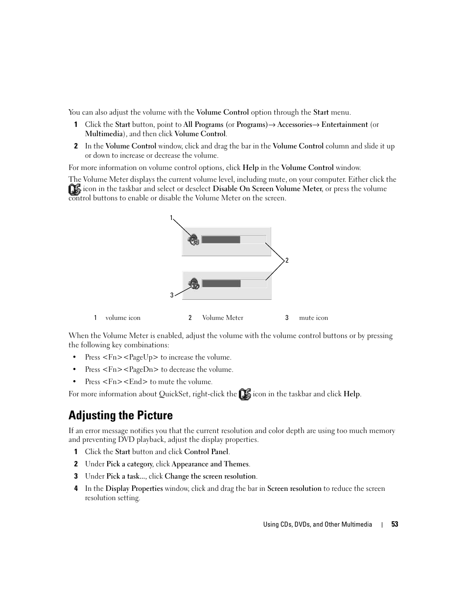 Adjusting the picture | Dell XPS M1710 (MXG061, Early 2006) User Manual | Page 53 / 190