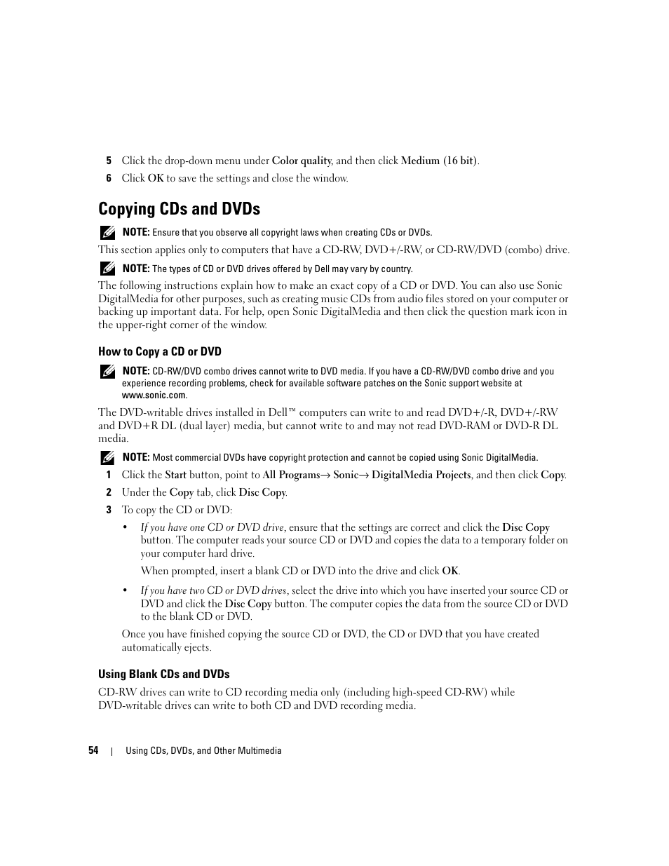 Copying cds and dvds, How to copy a cd or dvd, Using blank cds and dvds | Dell XPS M1710 (MXG061, Early 2006) User Manual | Page 54 / 190