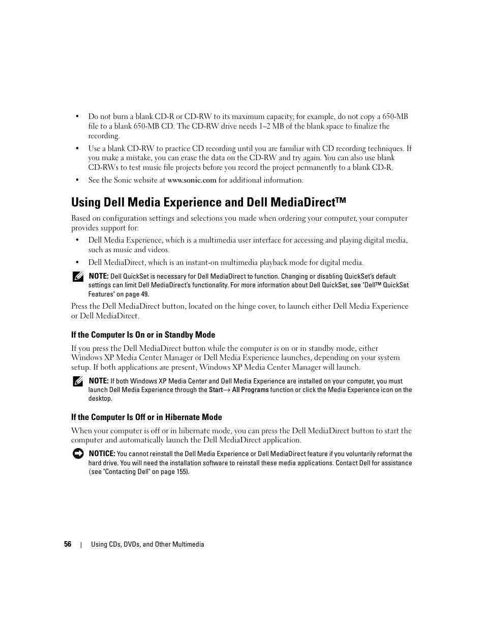 Using dell media experience and dell mediadirect, If the computer is on or in standby mode, If the computer is off or in hibernate mode | Dell XPS M1710 (MXG061, Early 2006) User Manual | Page 56 / 190