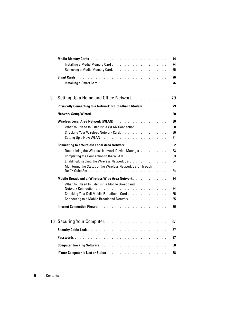 9setting up a home and office network, 10 securing your computer | Dell XPS M1710 (MXG061, Early 2006) User Manual | Page 6 / 190