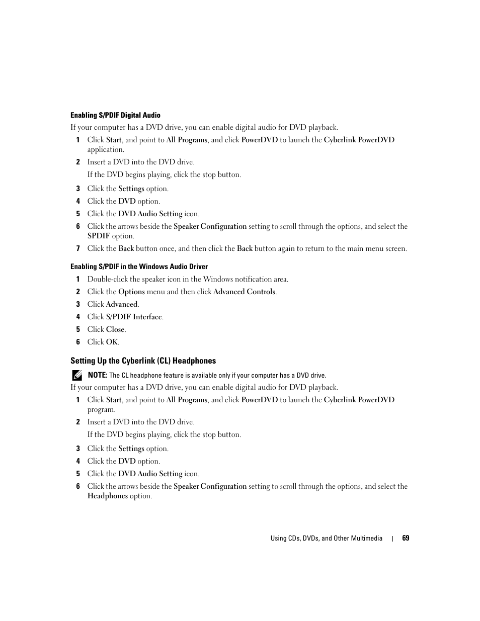 Setting up the cyberlink (cl) headphones | Dell XPS M1710 (MXG061, Early 2006) User Manual | Page 69 / 190