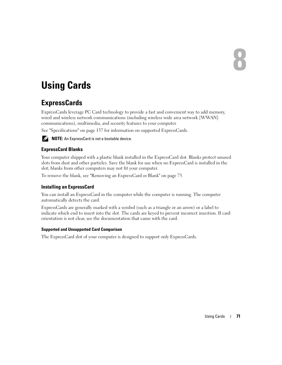 Using cards, Expresscards, Expresscard blanks | Installing an expresscard | Dell XPS M1710 (MXG061, Early 2006) User Manual | Page 71 / 190