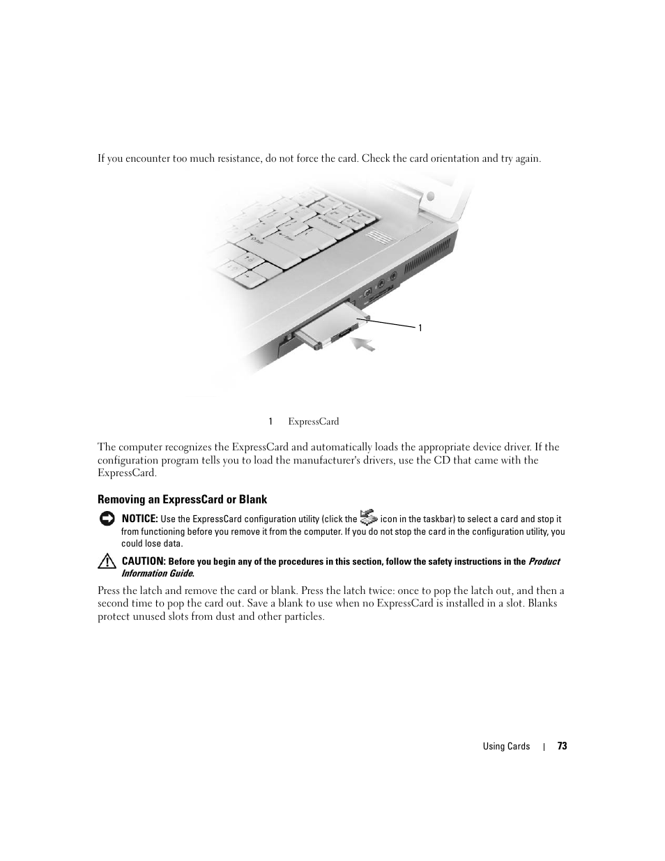 Removing an expresscard or blank | Dell XPS M1710 (MXG061, Early 2006) User Manual | Page 73 / 190