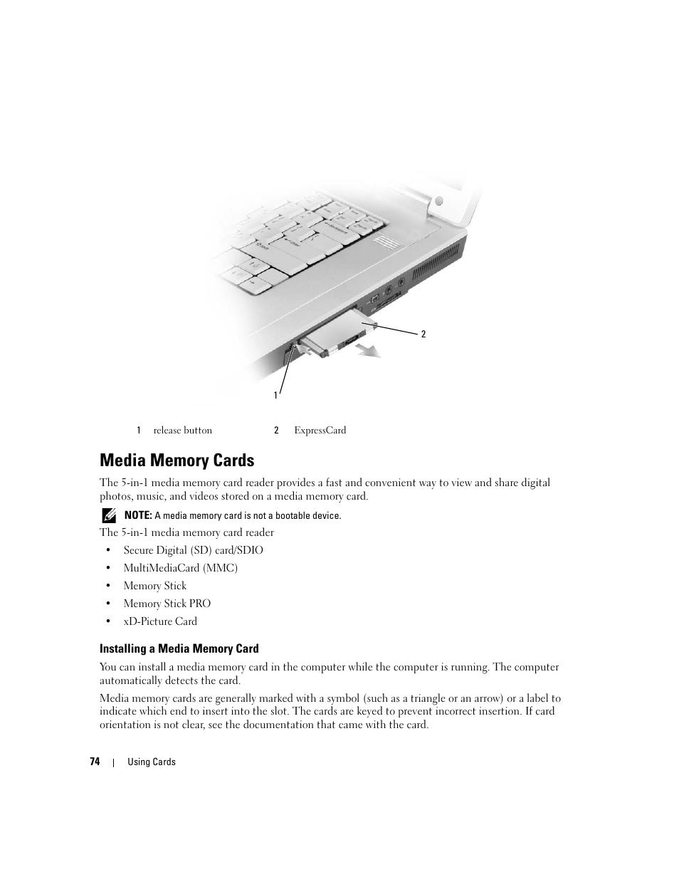 Media memory cards, Installing a media memory card | Dell XPS M1710 (MXG061, Early 2006) User Manual | Page 74 / 190