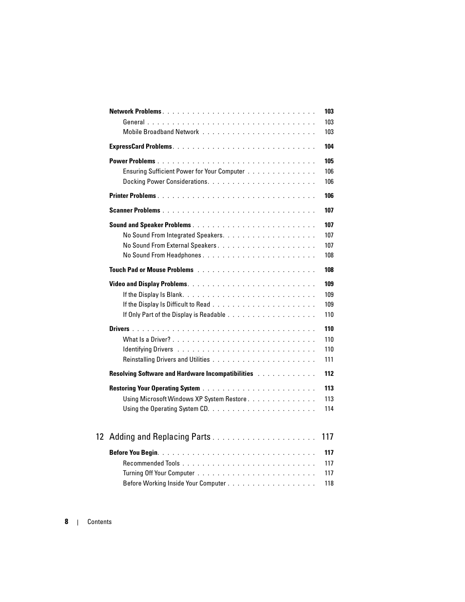 12 adding and replacing parts | Dell XPS M1710 (MXG061, Early 2006) User Manual | Page 8 / 190
