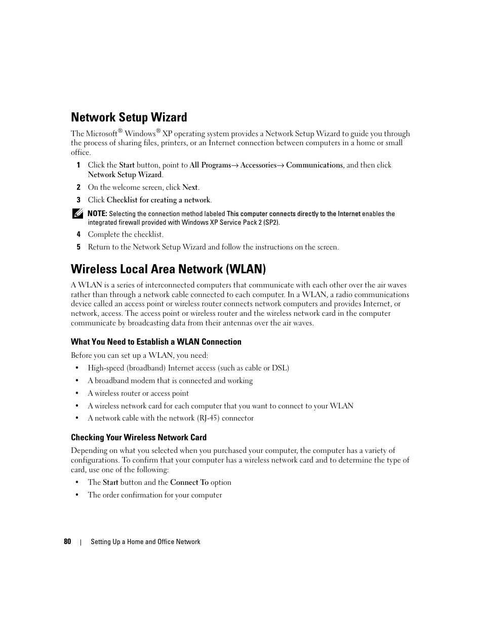 Network setup wizard, Wireless local area network (wlan), What you need to establish a wlan connection | Checking your wireless network card | Dell XPS M1710 (MXG061, Early 2006) User Manual | Page 80 / 190