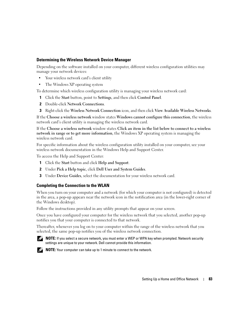 Determining the wireless network device manager, Completing the connection to the wlan | Dell XPS M1710 (MXG061, Early 2006) User Manual | Page 83 / 190