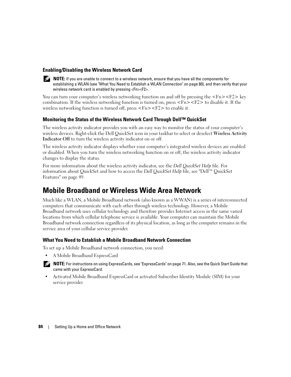 Enabling/disabling the wireless network card, Mobile broadband or wireless wide area network | Dell XPS M1710 (MXG061, Early 2006) User Manual | Page 84 / 190