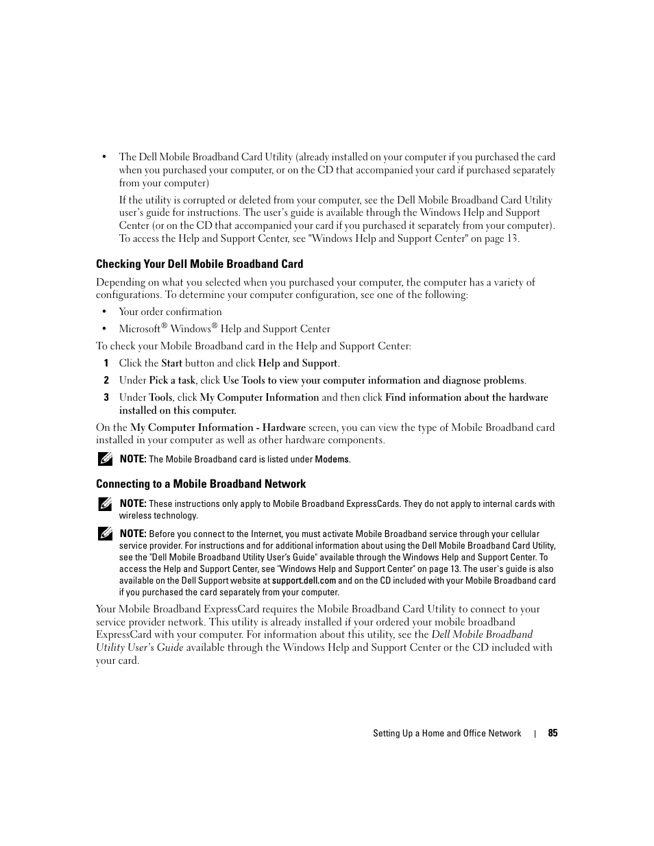 Checking your dell mobile broadband card, Connecting to a mobile broadband network | Dell XPS M1710 (MXG061, Early 2006) User Manual | Page 85 / 190