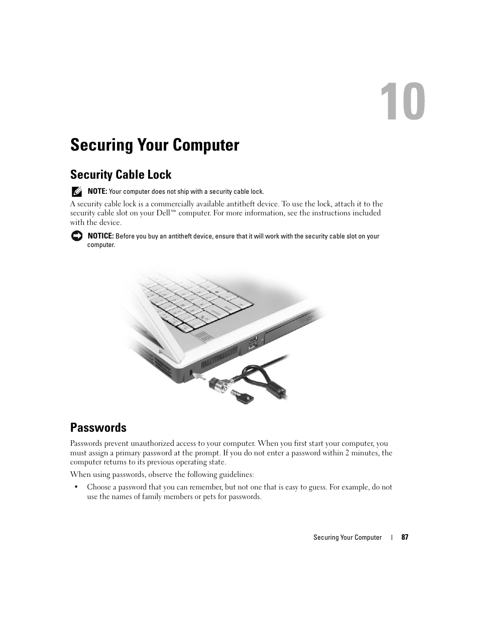 Securing your computer, Security cable lock, Passwords | Dell XPS M1710 (MXG061, Early 2006) User Manual | Page 87 / 190