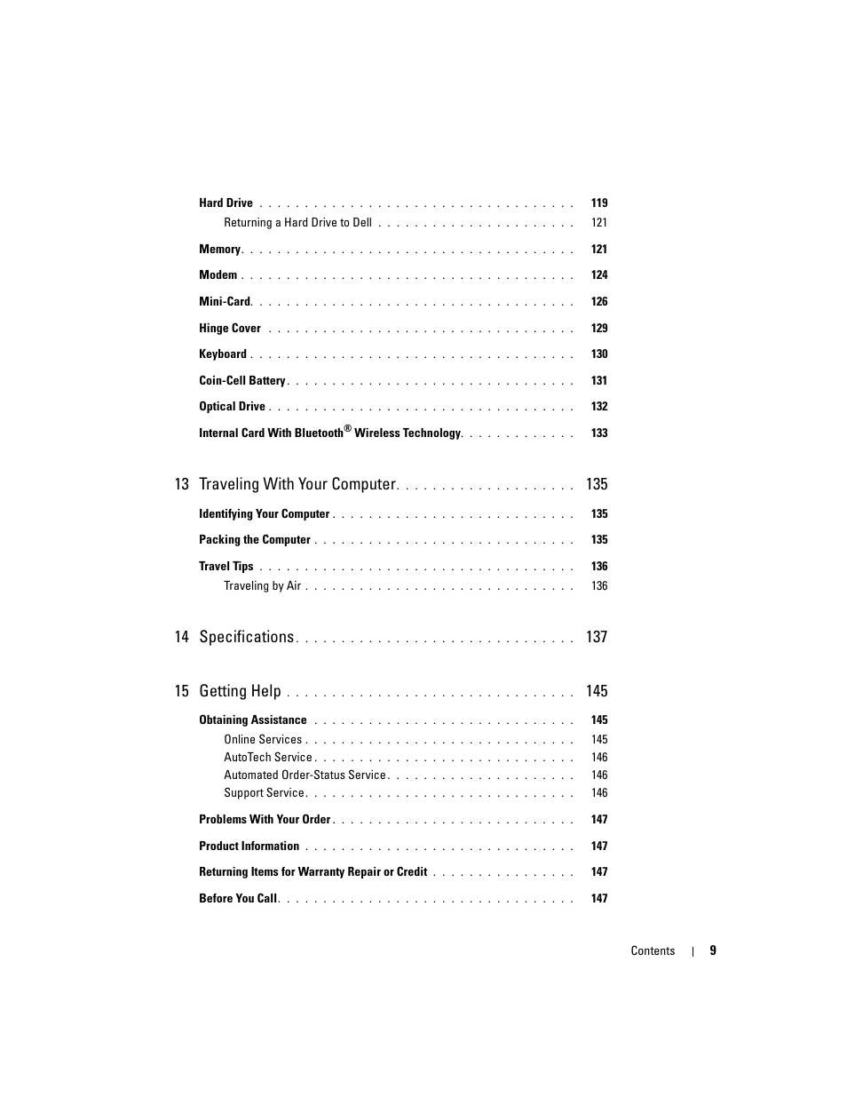 13 traveling with your computer, 14 specifications | Dell XPS M1710 (MXG061, Early 2006) User Manual | Page 9 / 190