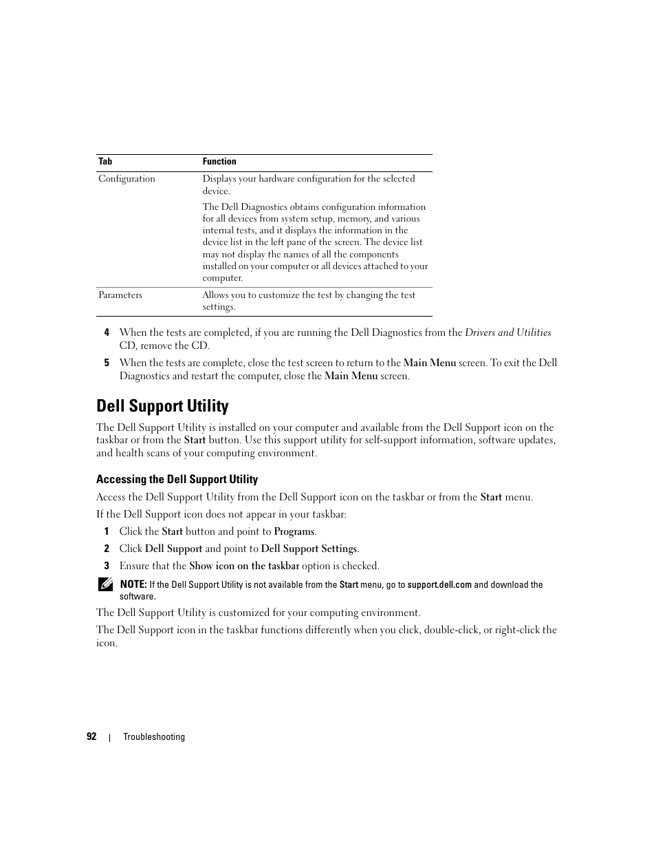 Dell support utility, Accessing the dell support utility | Dell XPS M1710 (MXG061, Early 2006) User Manual | Page 92 / 190
