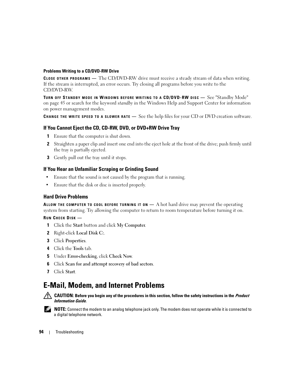 Hard drive problems, E-mail, modem, and internet problems | Dell XPS M1710 (MXG061, Early 2006) User Manual | Page 94 / 190