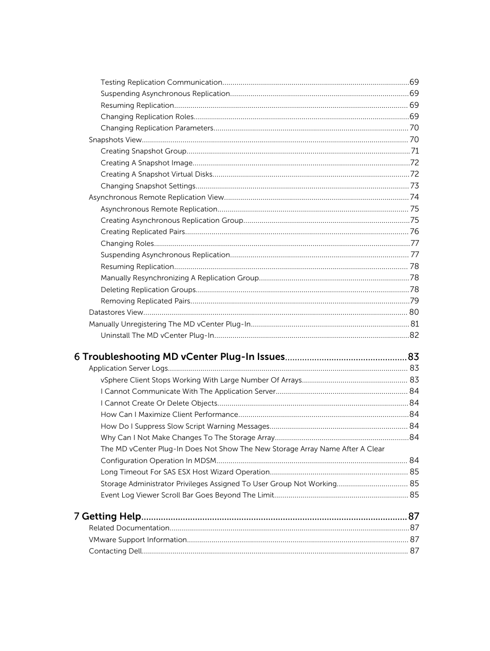 6 troubleshooting md vcenter plug-in issues, 7 getting help | Dell PowerVault MD3860i User Manual | Page 5 / 88