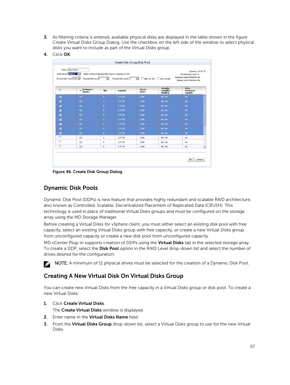 Dynamic disk pools, Creating a new virtual disk on virtual disks group | Dell PowerVault MD3860i User Manual | Page 57 / 88