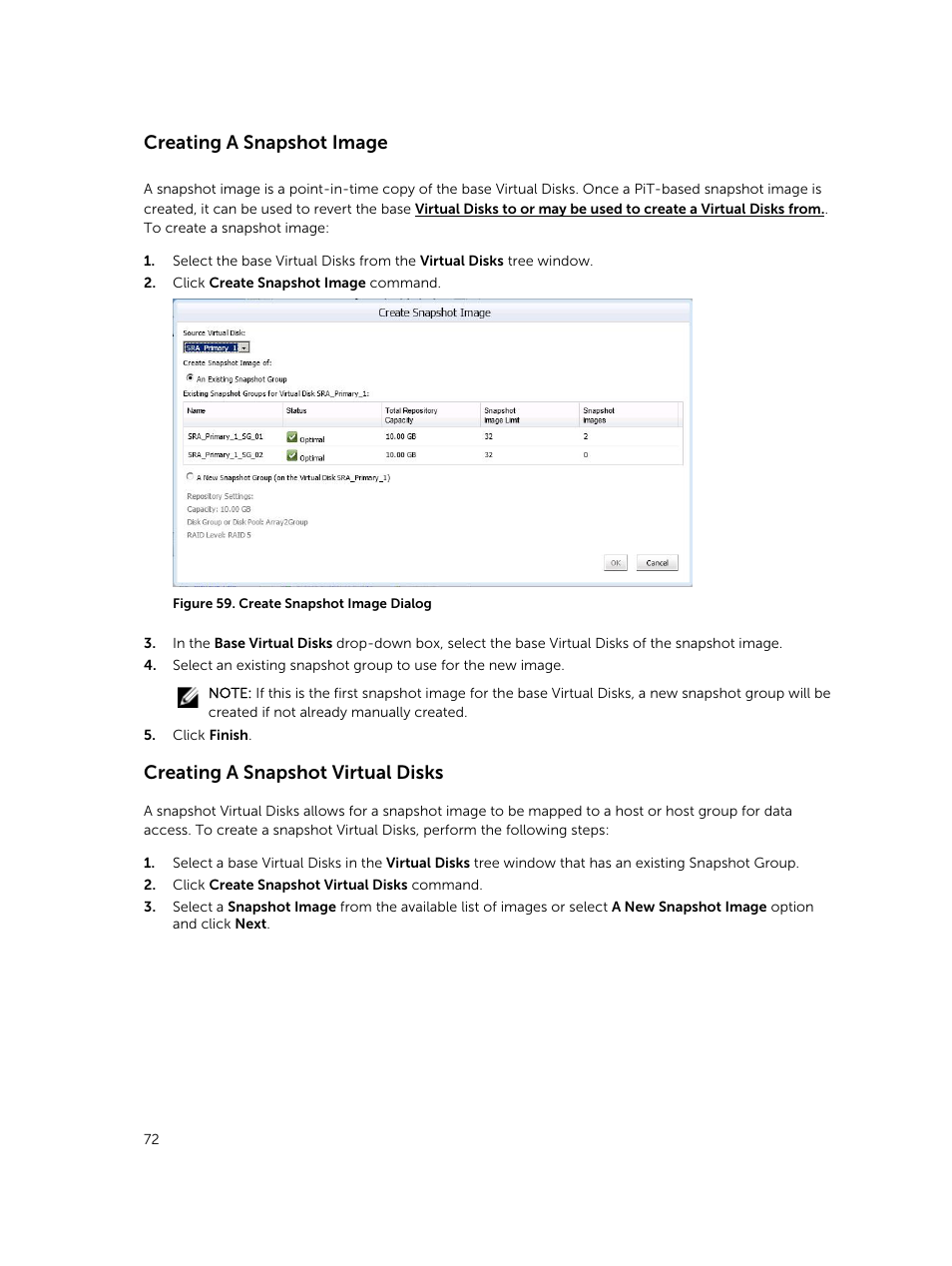 Creating a snapshot image, Creating a snapshot virtual disks | Dell PowerVault MD3860i User Manual | Page 72 / 88