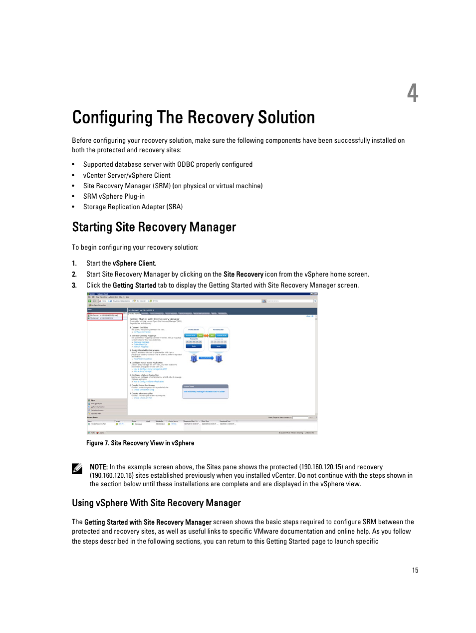 Configuring the recovery solution, Starting site recovery manager, Using vsphere with site recovery manager | 4 configuring the recovery solution | Dell PowerVault MD3820f User Manual | Page 15 / 33