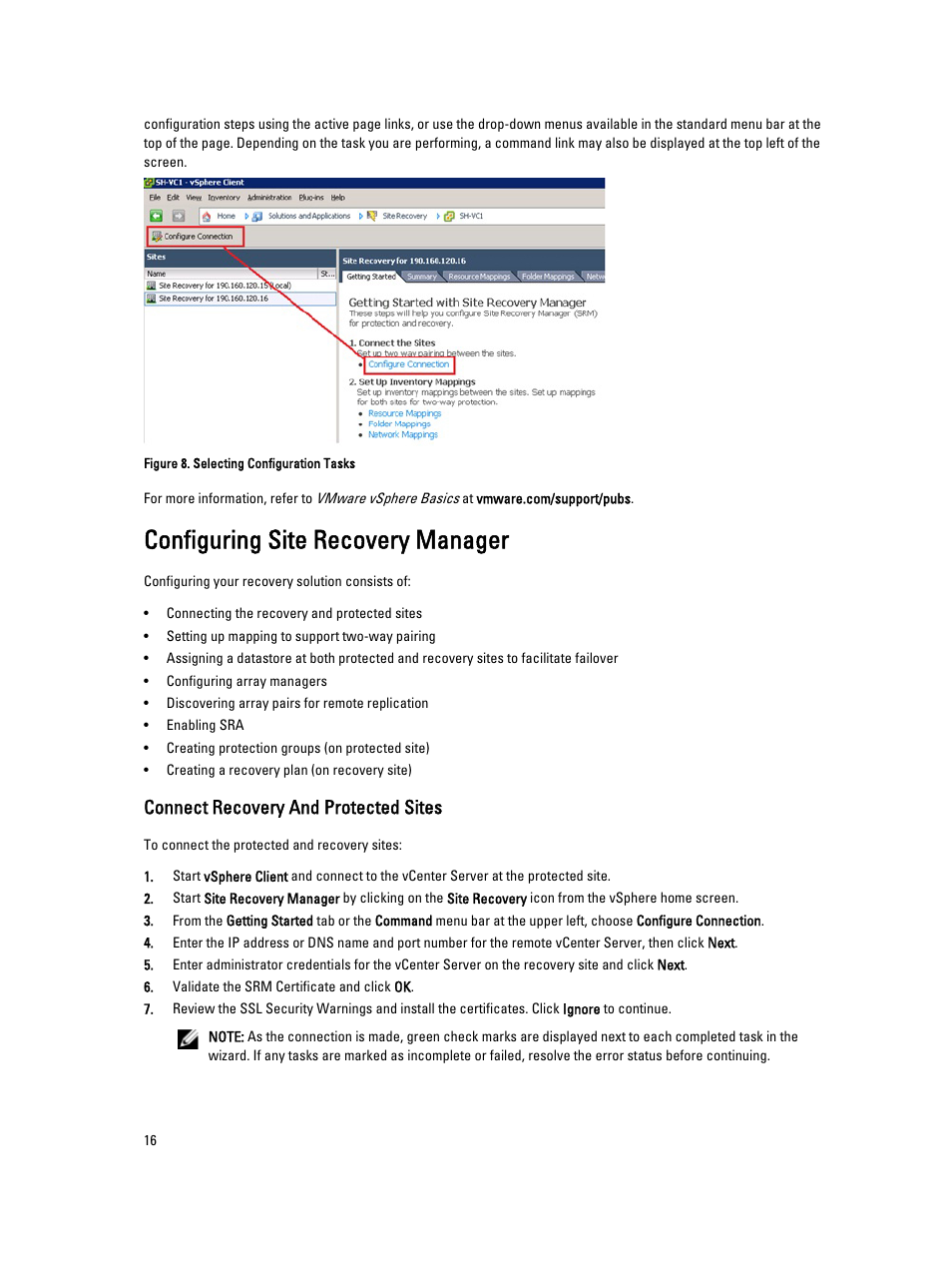 Configuring site recovery manager, Connect recovery and protected sites | Dell PowerVault MD3820f User Manual | Page 16 / 33