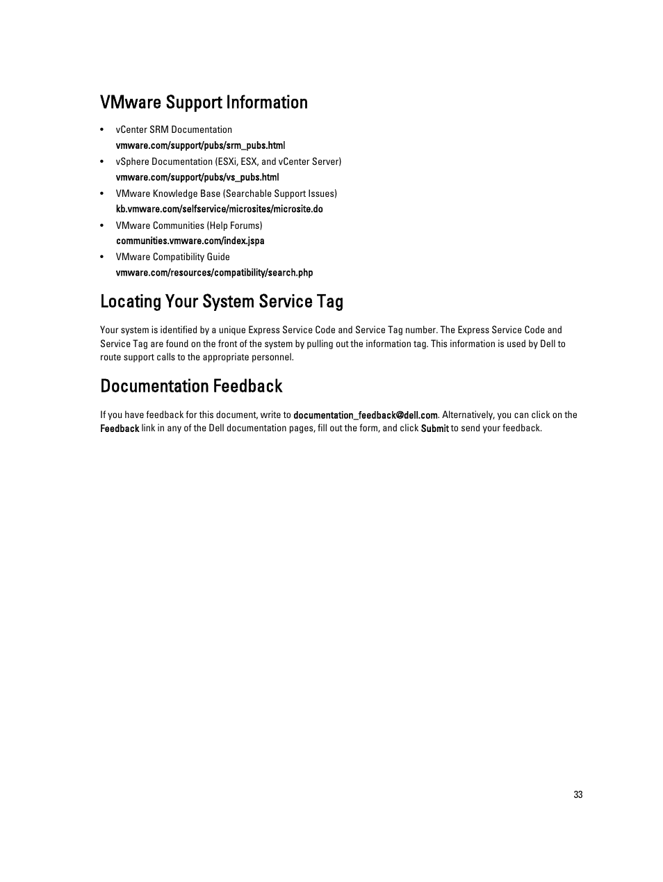 Vmware support information, Locating your system service tag, Documentation feedback | Dell PowerVault MD3820f User Manual | Page 33 / 33