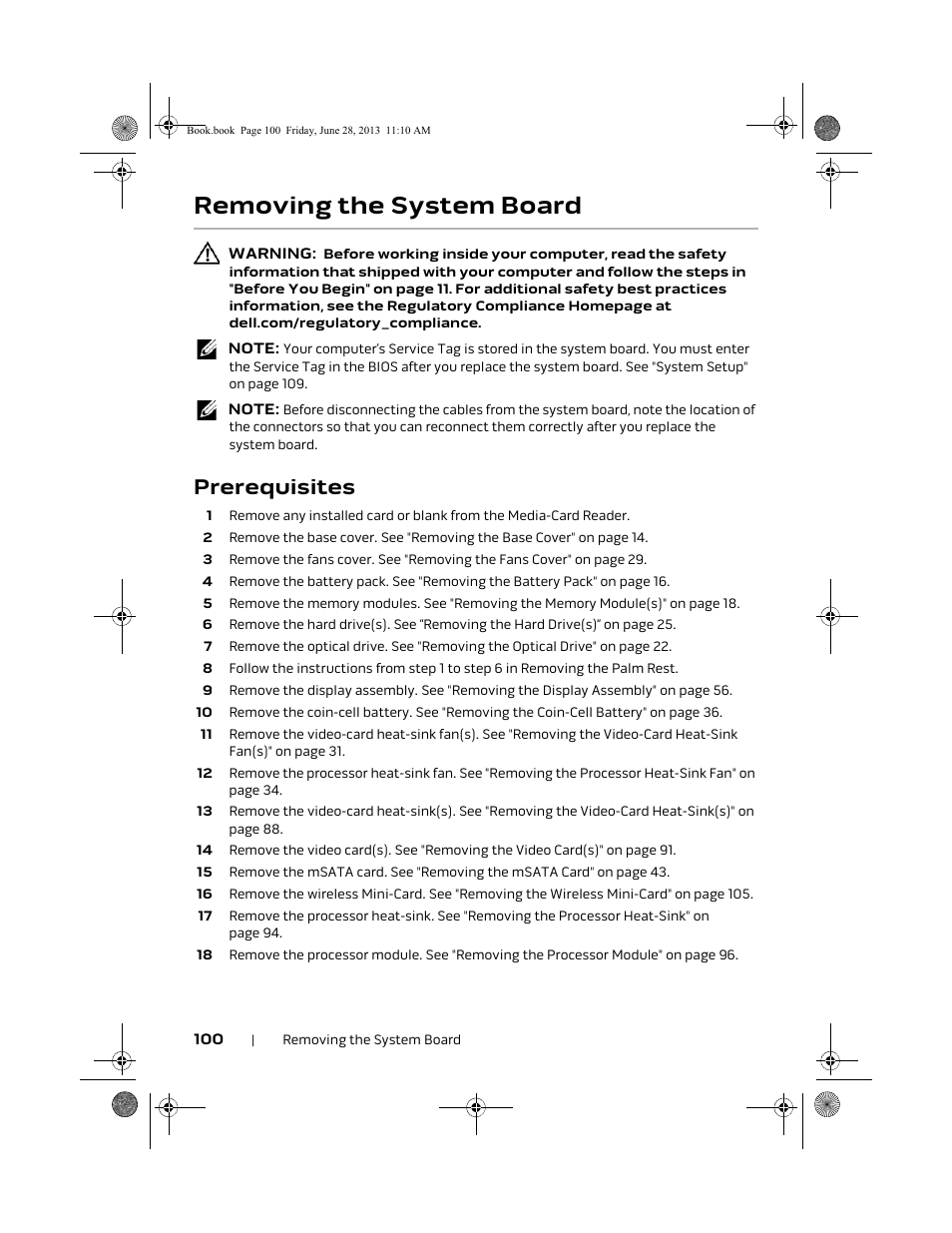 Removing the system board, Prerequisites | Dell Alienware 18 (Mid 2013) User Manual | Page 100 / 119