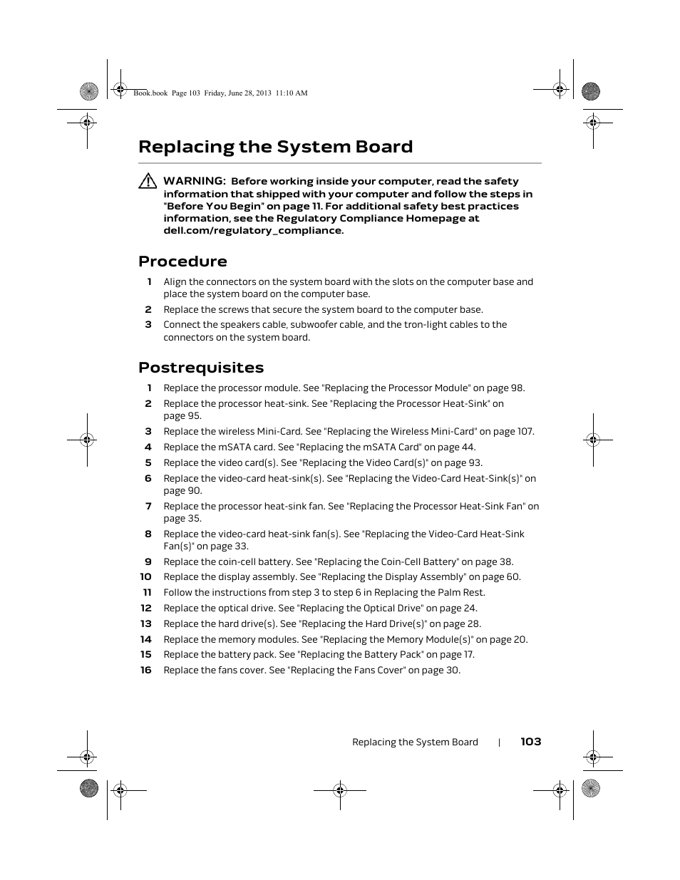 Replacing the system board, Procedure, Postrequisites | Dell Alienware 18 (Mid 2013) User Manual | Page 103 / 119