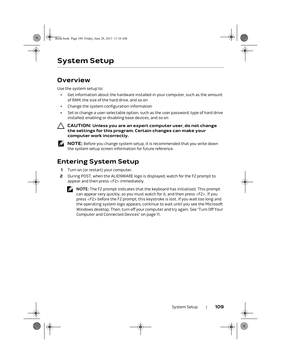System setup, Overview, Entering system setup | Dell Alienware 18 (Mid 2013) User Manual | Page 109 / 119