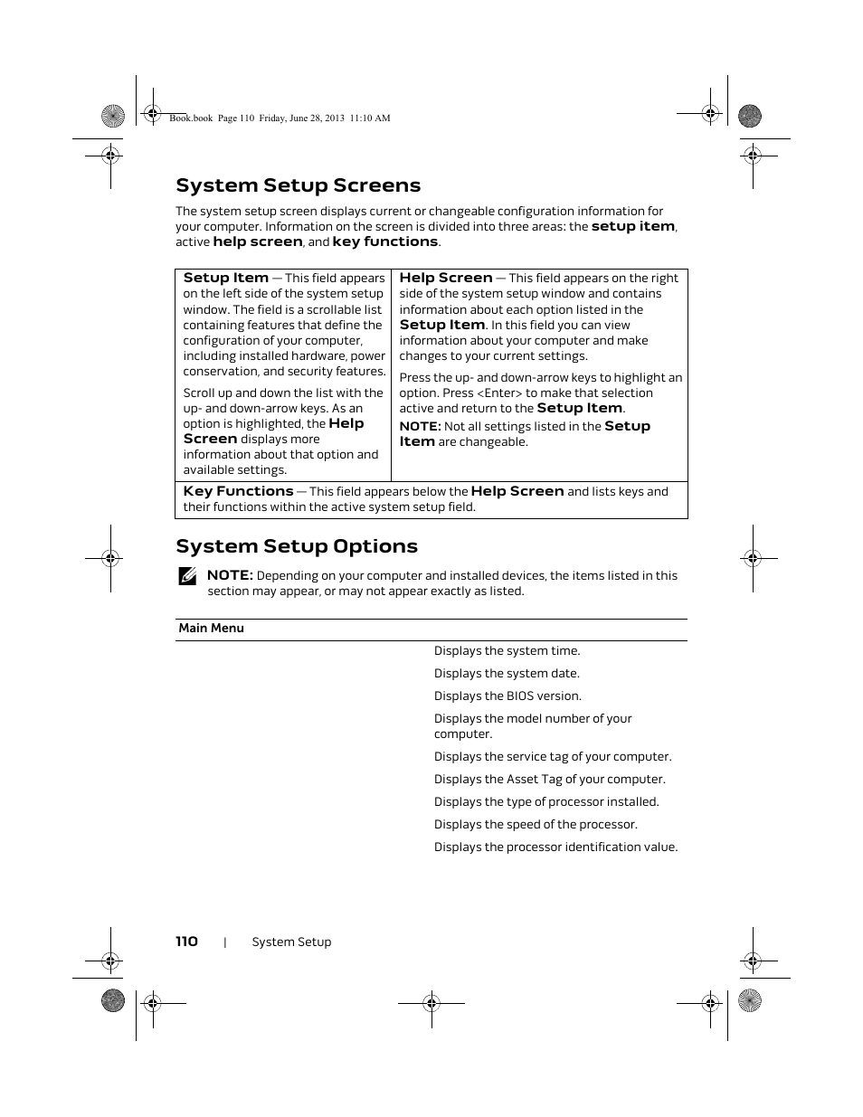 System setup screens, System setup options | Dell Alienware 18 (Mid 2013) User Manual | Page 110 / 119