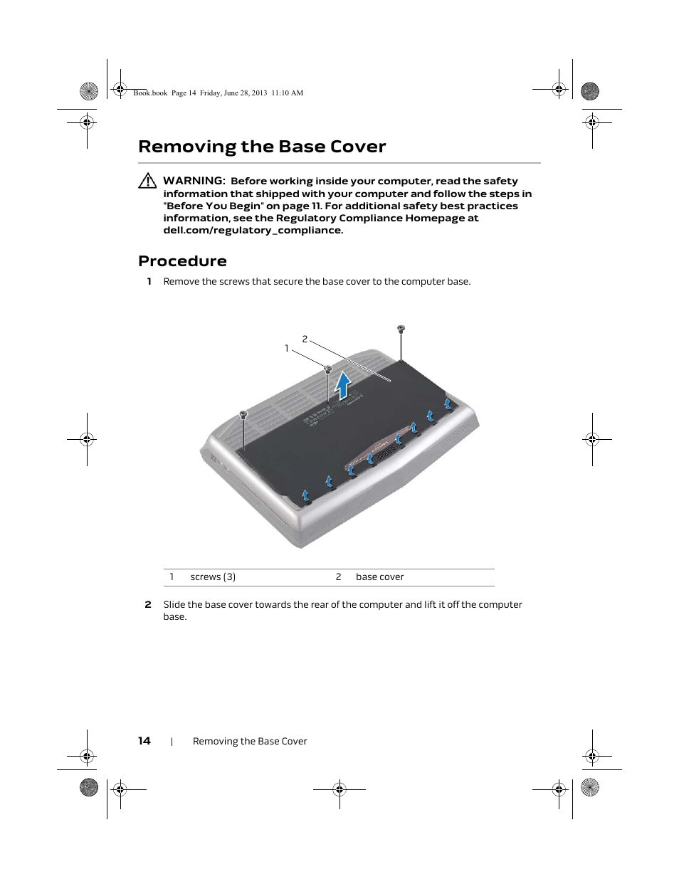 Removing the base cover, Procedure | Dell Alienware 18 (Mid 2013) User Manual | Page 14 / 119