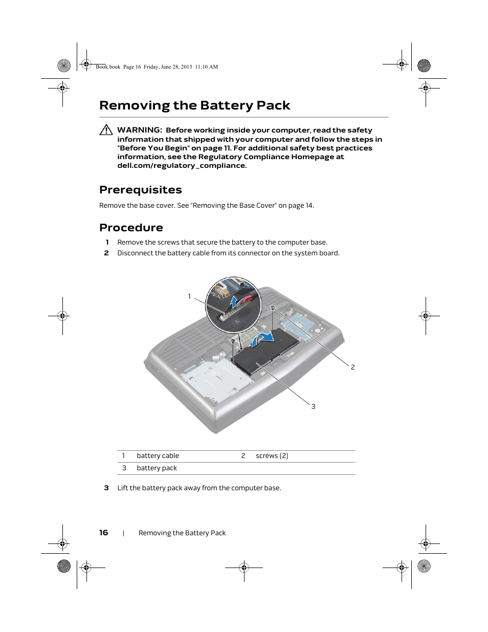 Removing the battery pack, Procedure, Prerequisites | Dell Alienware 18 (Mid 2013) User Manual | Page 16 / 119