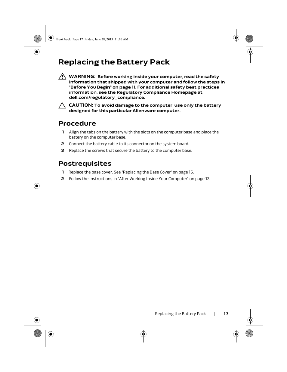 Replacing the battery pack, Procedure, Postrequisites | Dell Alienware 18 (Mid 2013) User Manual | Page 17 / 119