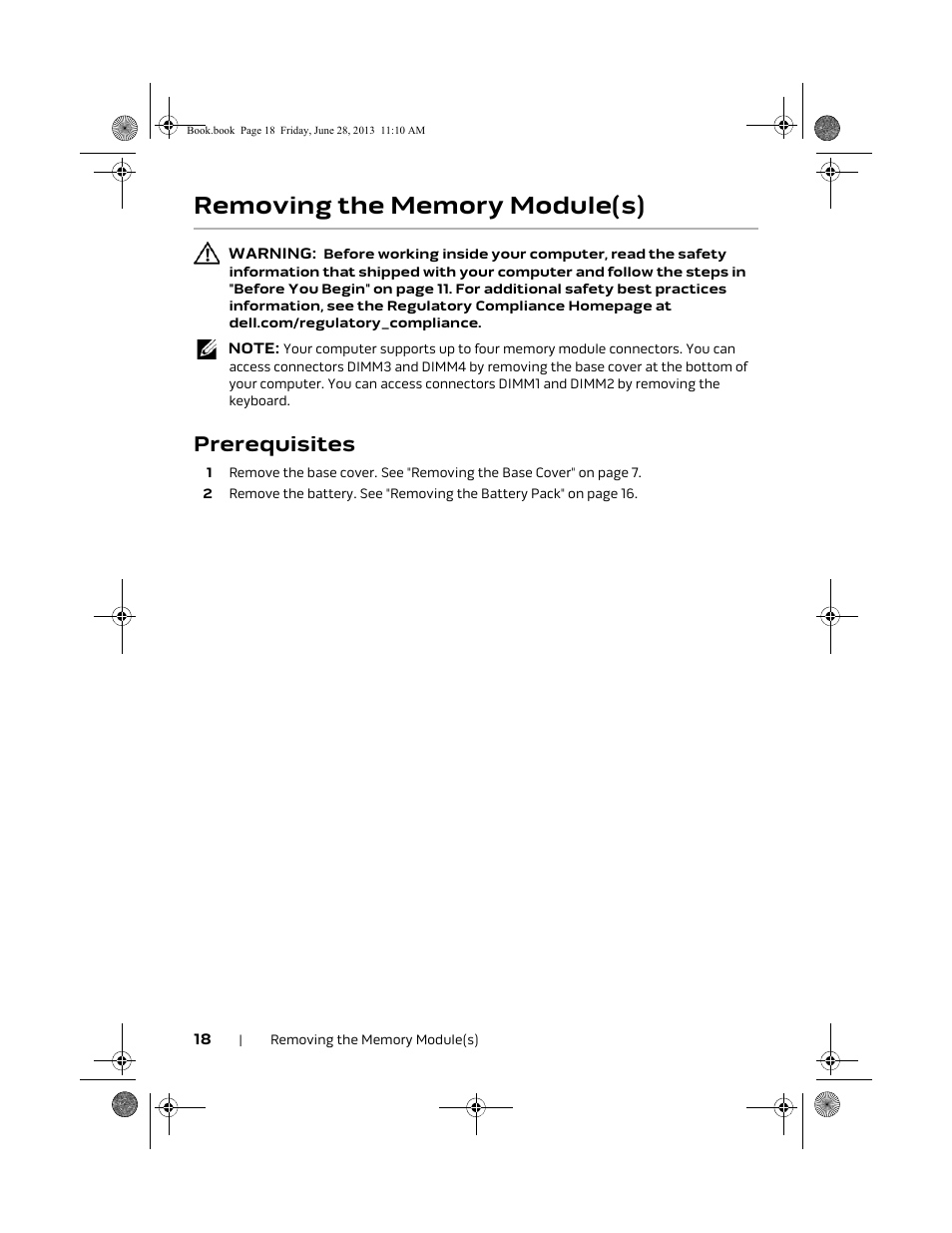 Removing the memory module(s), Prerequisites | Dell Alienware 18 (Mid 2013) User Manual | Page 18 / 119