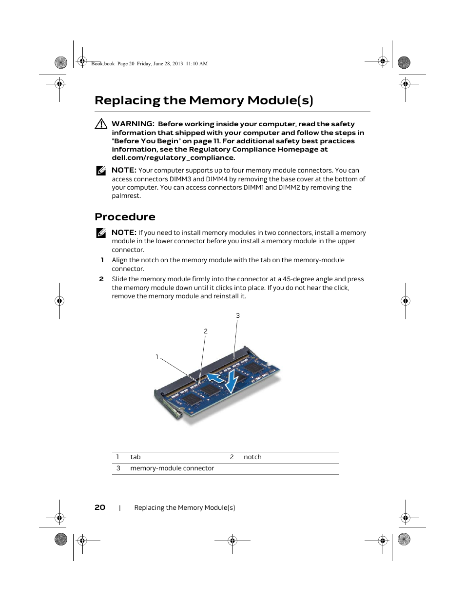 Replacing the memory module(s), Procedure | Dell Alienware 18 (Mid 2013) User Manual | Page 20 / 119