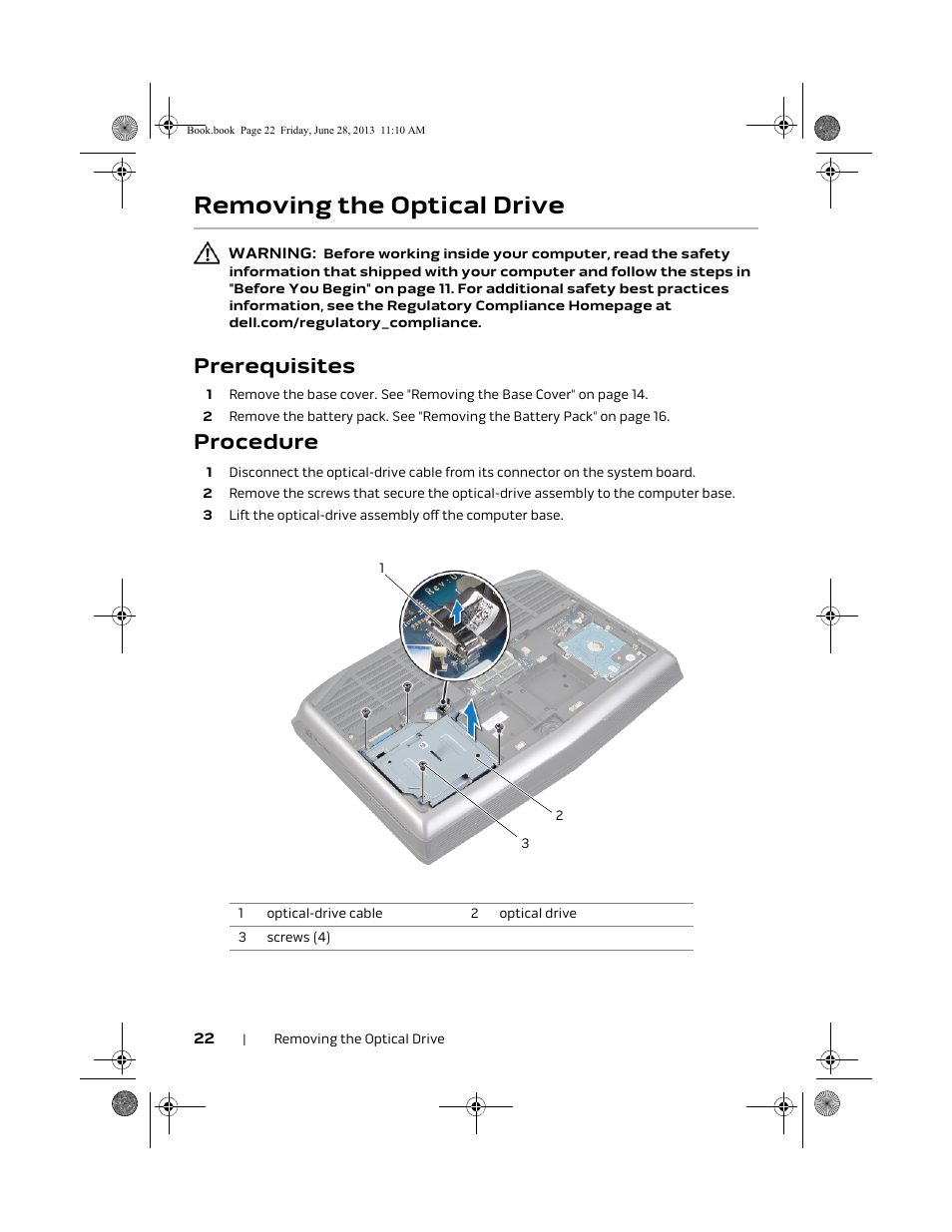 Removing the optical drive, Prerequisites, Procedure | Dell Alienware 18 (Mid 2013) User Manual | Page 22 / 119