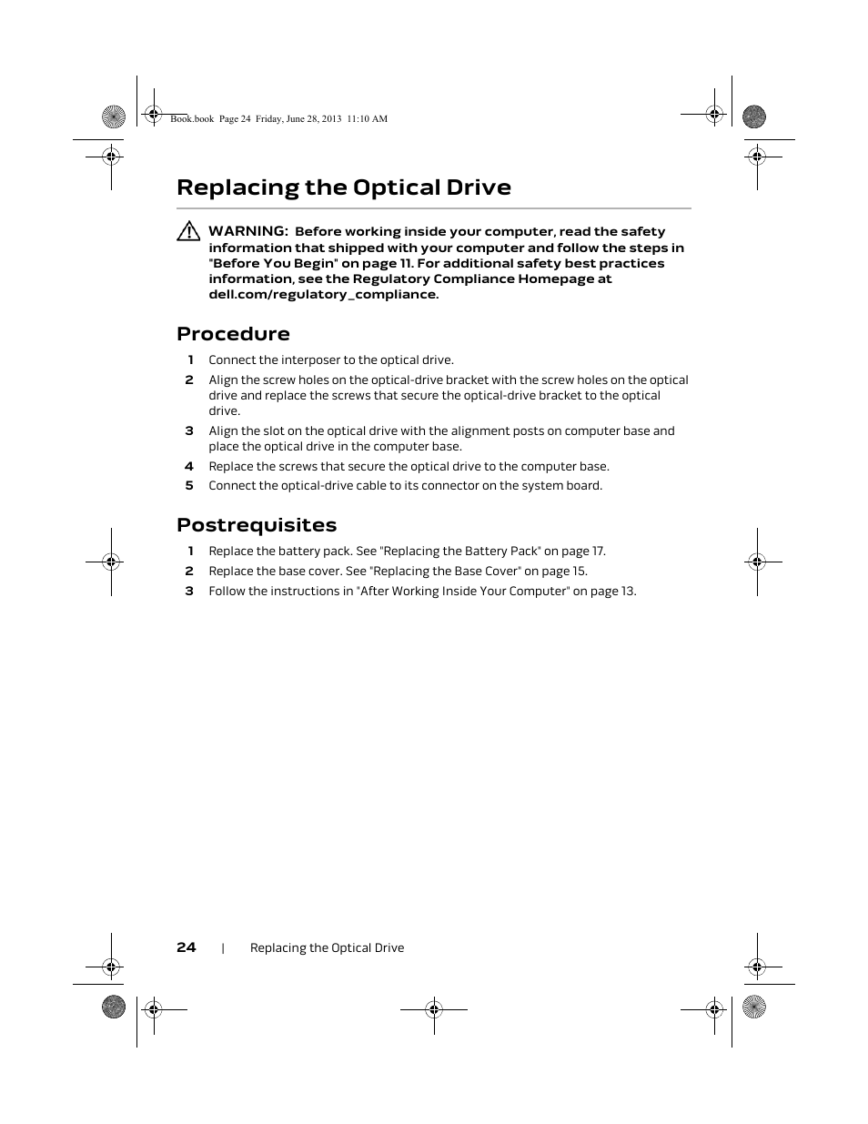 Replacing the optical drive, Procedure, Postrequisites | Dell Alienware 18 (Mid 2013) User Manual | Page 24 / 119