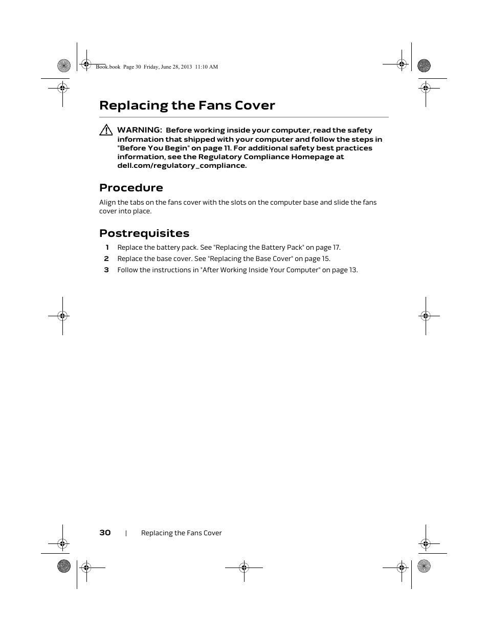 Replacing the fans cover, Procedure, Postrequisites | Dell Alienware 18 (Mid 2013) User Manual | Page 30 / 119