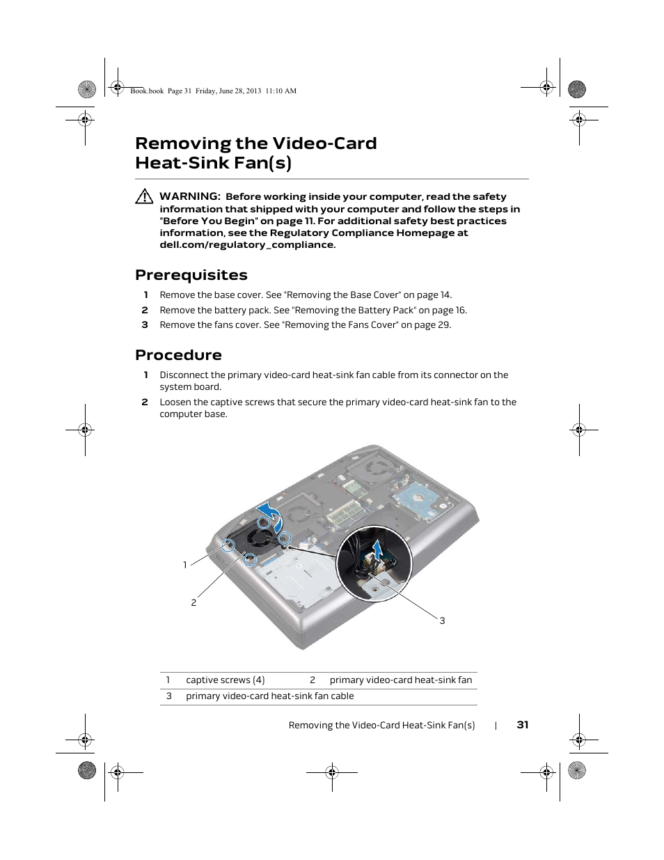 Removing the video-card heat-sink fan(s), Prerequisites, Procedure | Dell Alienware 18 (Mid 2013) User Manual | Page 31 / 119