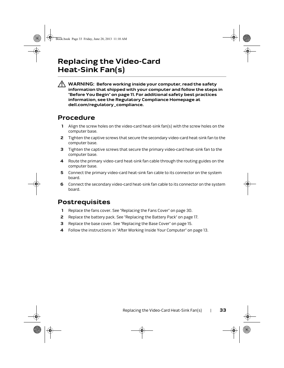Replacing the video-card heat-sink fan(s), Procedure, Postrequisites | Dell Alienware 18 (Mid 2013) User Manual | Page 33 / 119