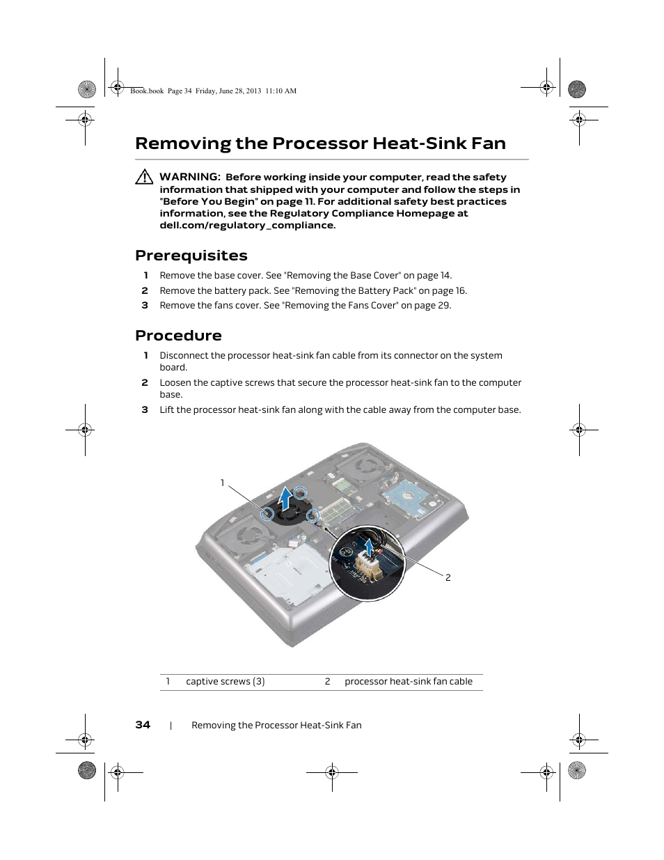 Removing the processor heat-sink fan, Prerequisites, Procedure | Dell Alienware 18 (Mid 2013) User Manual | Page 34 / 119