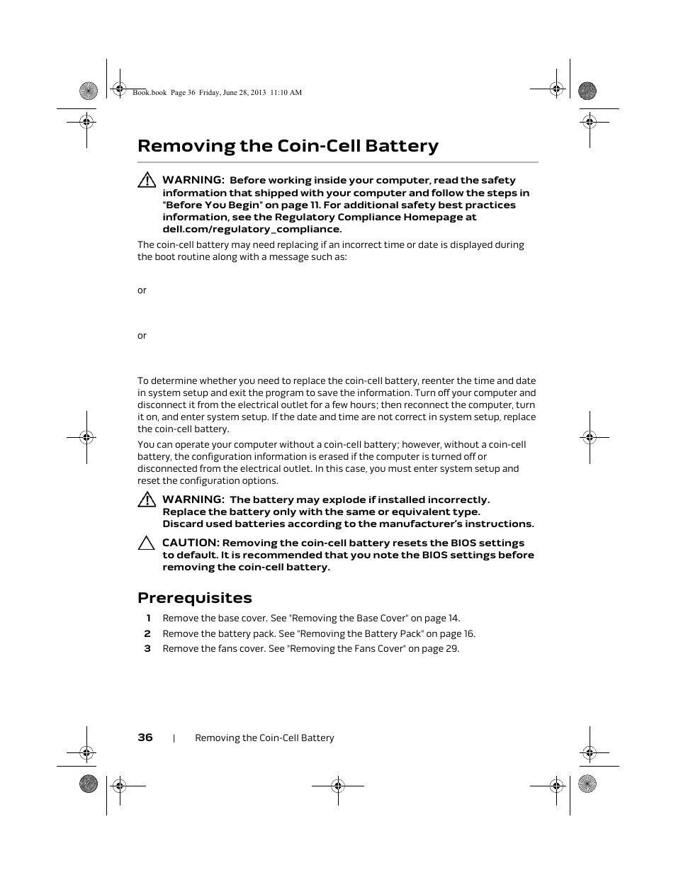 Removing the coin-cell battery, Prerequisites | Dell Alienware 18 (Mid 2013) User Manual | Page 36 / 119
