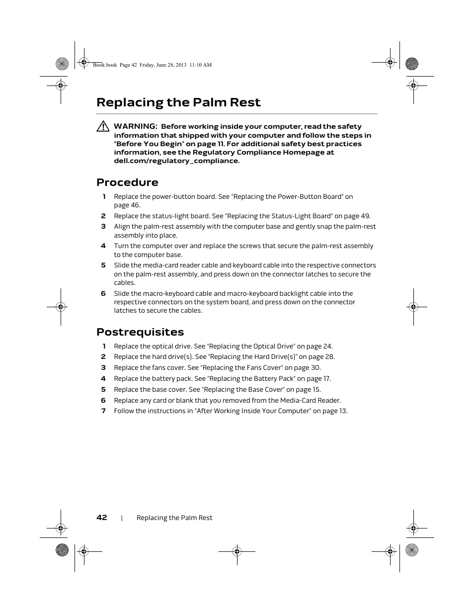 Replacing the palm rest, Procedure, Postrequisites | Dell Alienware 18 (Mid 2013) User Manual | Page 42 / 119