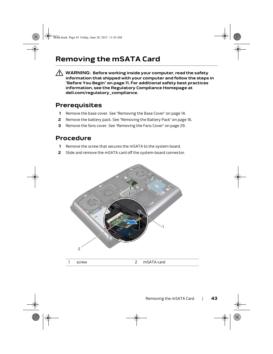 Removing the msata card, Prerequisites, Procedure | Dell Alienware 18 (Mid 2013) User Manual | Page 43 / 119