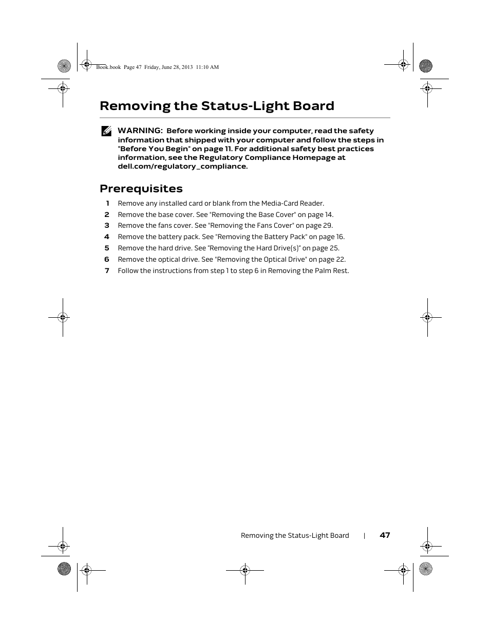 Removing the status-light board, Prerequisites | Dell Alienware 18 (Mid 2013) User Manual | Page 47 / 119