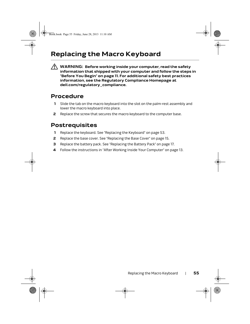 Replacing the macro keyboard, Procedure, Postrequisites | Dell Alienware 18 (Mid 2013) User Manual | Page 55 / 119