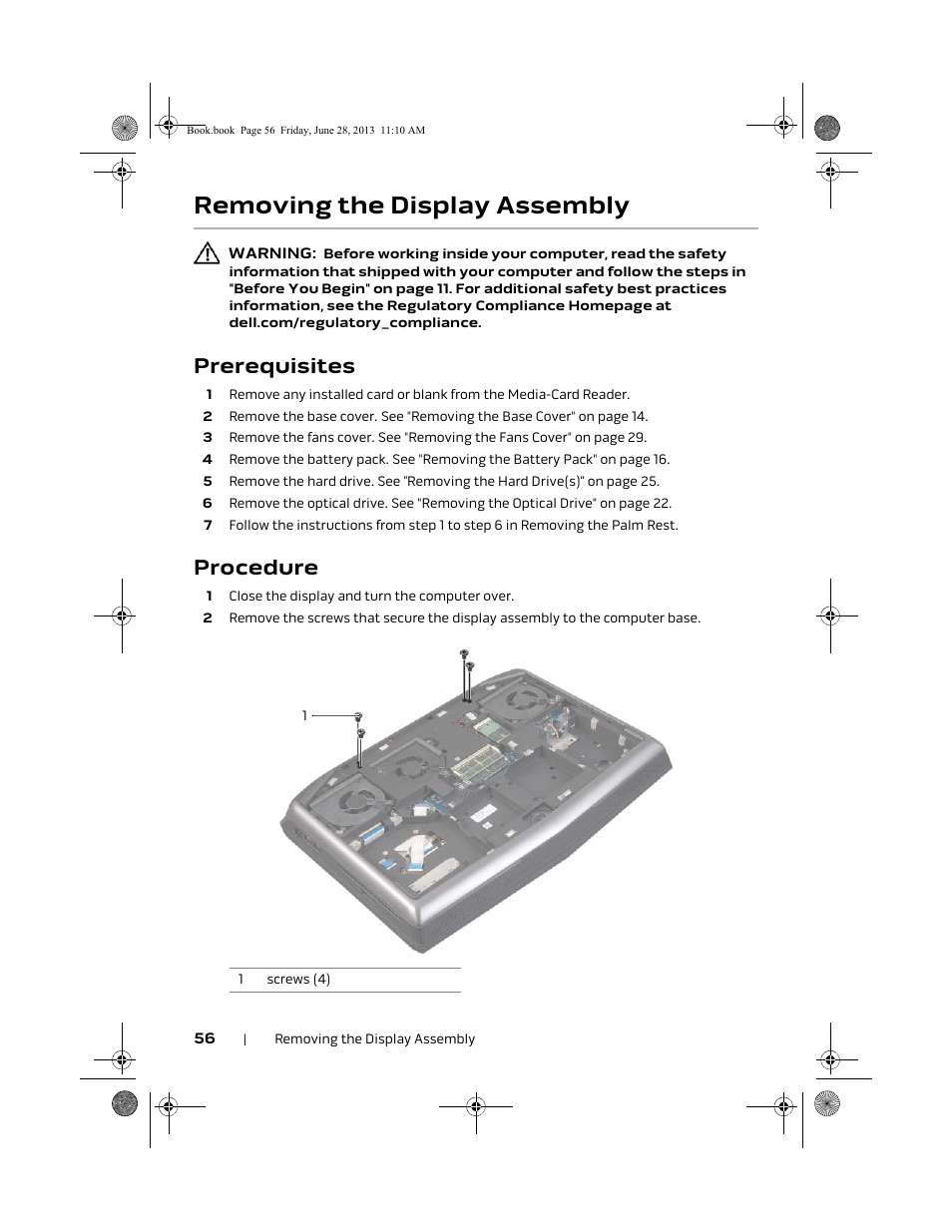 Removing the display assembly, Prerequisites, Procedure | Dell Alienware 18 (Mid 2013) User Manual | Page 56 / 119