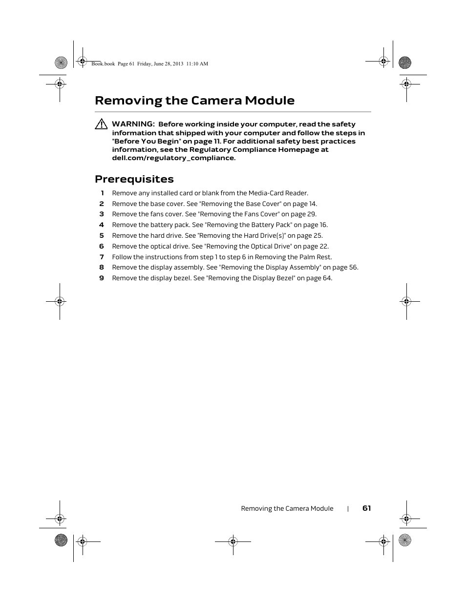 Removing the camera module, Prerequisites | Dell Alienware 18 (Mid 2013) User Manual | Page 61 / 119