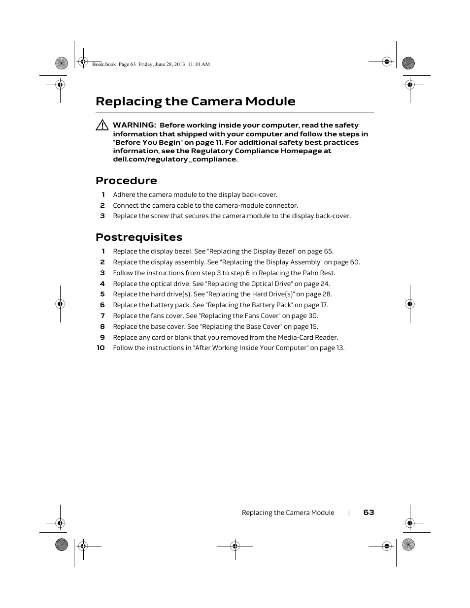 Replacing the camera module, Procedure, Postrequisites | Dell Alienware 18 (Mid 2013) User Manual | Page 63 / 119
