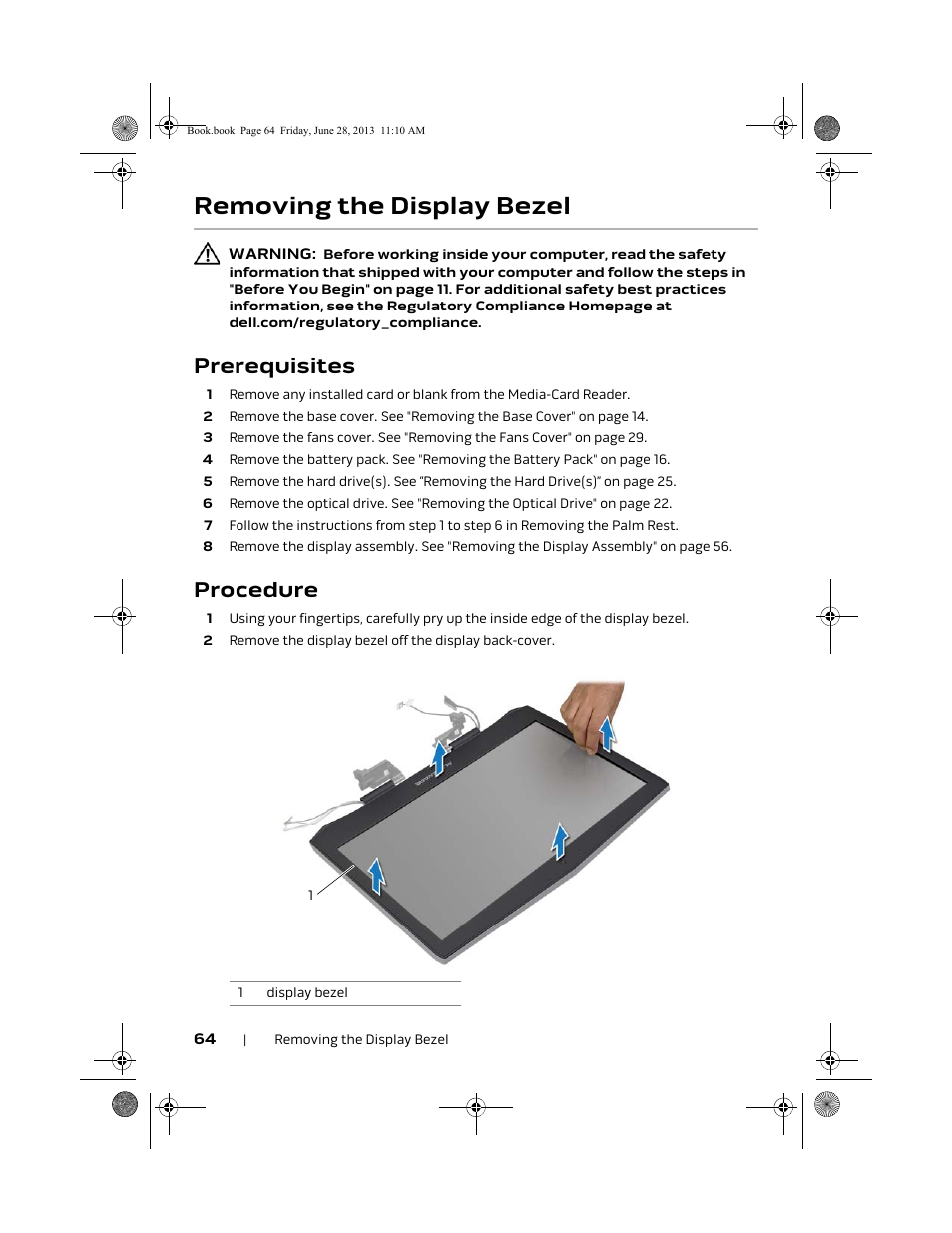 Removing the display bezel, Prerequisites, Procedure | Dell Alienware 18 (Mid 2013) User Manual | Page 64 / 119