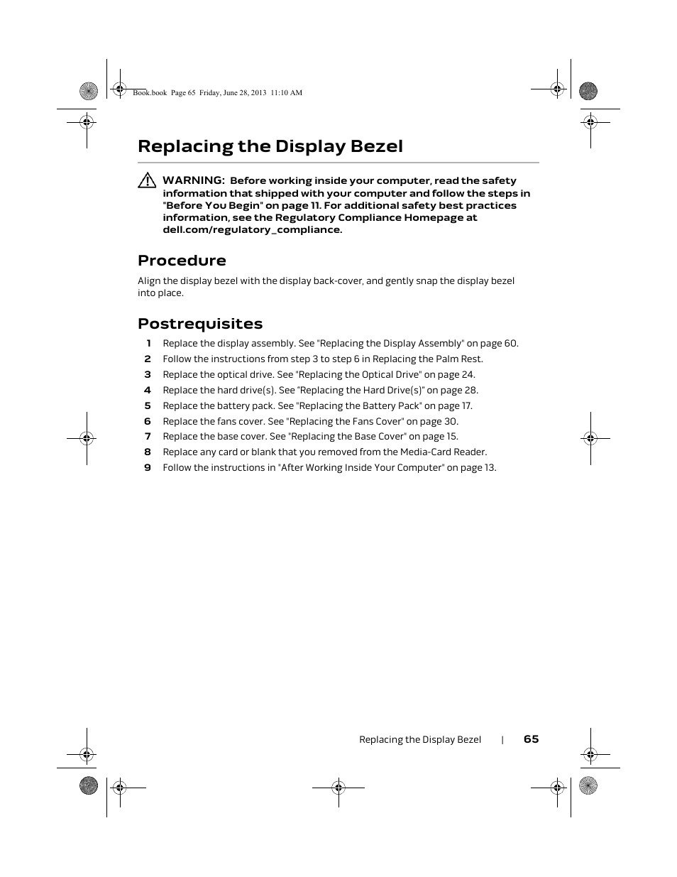 Replacing the display bezel, Procedure, Postrequisites | Dell Alienware 18 (Mid 2013) User Manual | Page 65 / 119