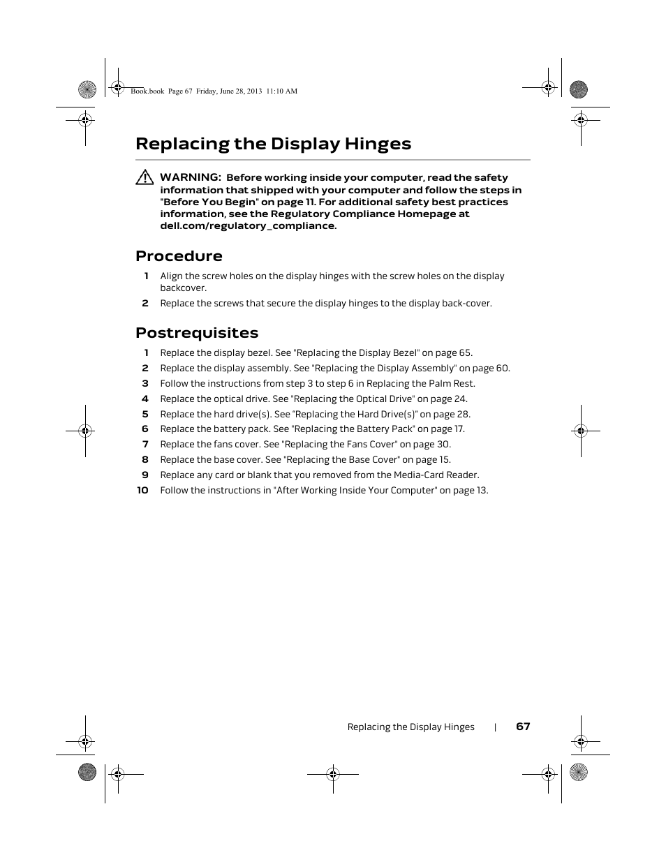 Replacing the display hinges, Procedure, Postrequisites | Dell Alienware 18 (Mid 2013) User Manual | Page 67 / 119